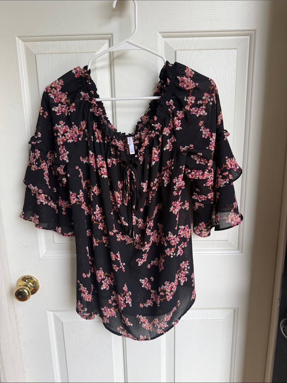 Xhilaration Black Floral Ruffle Tie-Neck Blouse